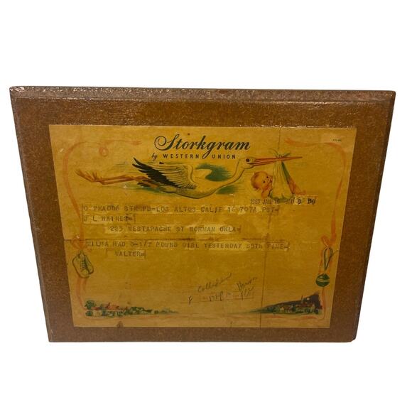 Vintage 1963 Western Union Telegram Wood Base Baby Girl Born Storkgram Wall Art - Picture 1 of 3